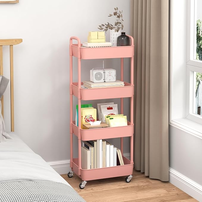 Sywhitta 4-Tier Plastic Rolling Utility Cart with Wheels for Storage, Pink | Multi-Functional Storage Trolley, for Office, Living Room, Kitchen, Bathroom,Movable Organizer,Space-Saving,Easy to assemble - Image 5