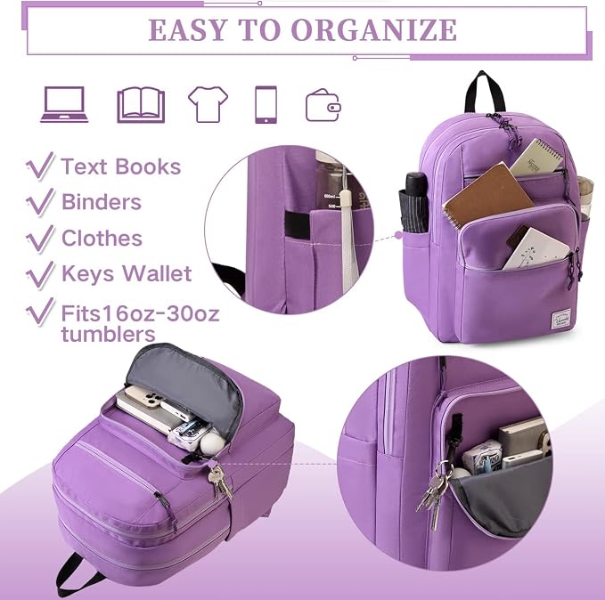 VASCHY School Backpack for Women, Unisex Large Bookbag Schoolbag Casual Daypack for High School/College/Teens/Travel/Work Purple - Image 6