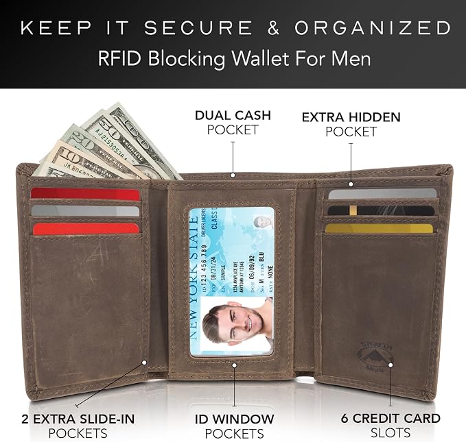 Stealth Mode Trifold Leather Wallet for Men with RFID Blocking (Taupe) | Top Grain Napa Leather, 9 Card Slots, ID Window, Gift Box – Gift for Dad, Husband, or Son - Image 2