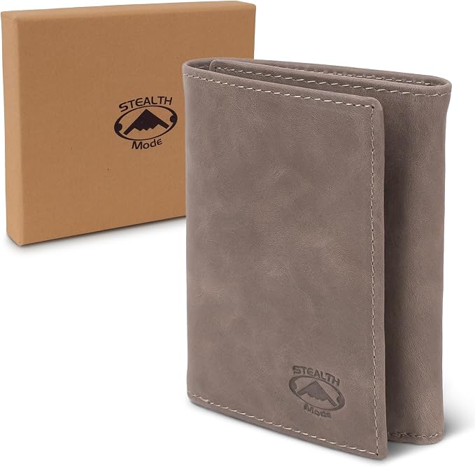 Stealth Mode Trifold Leather Wallet for Men with RFID Blocking (Grey) | Top Grain Napa Leather, 9 Card Slots, ID Window, Gift Box – Gift for Dad, Husband, or Son - Image 8
