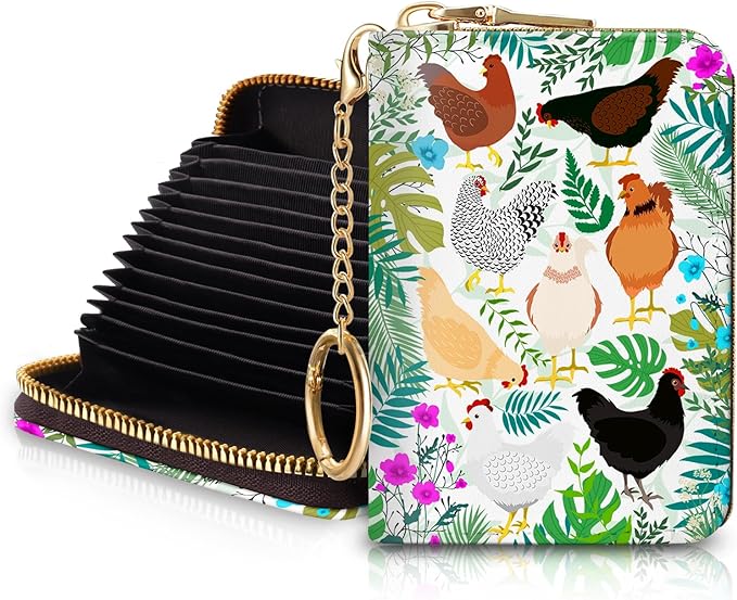 Blusabaca Women's RFID Wallet, Chicken Small, Leather, Waterproof, RFID-Blocking, 12 Card Slots, 2 Coins | Removable Keychain, Case with Zipper, Vegan PU Leather, Cash Coin Pocket, Business Accordion Purse, Ladies Female Gift by Blusabaca
