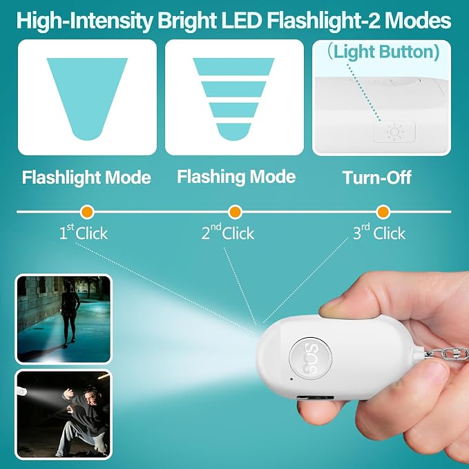 Hion Personal Safety Alarm for Women, 2 Pack Rechargeable 130dB Self Defense Alarm Keychain with LED Flashlight, Emergency Safe Sound Security for Children Elderly College Girls, Black+White - Image 4
