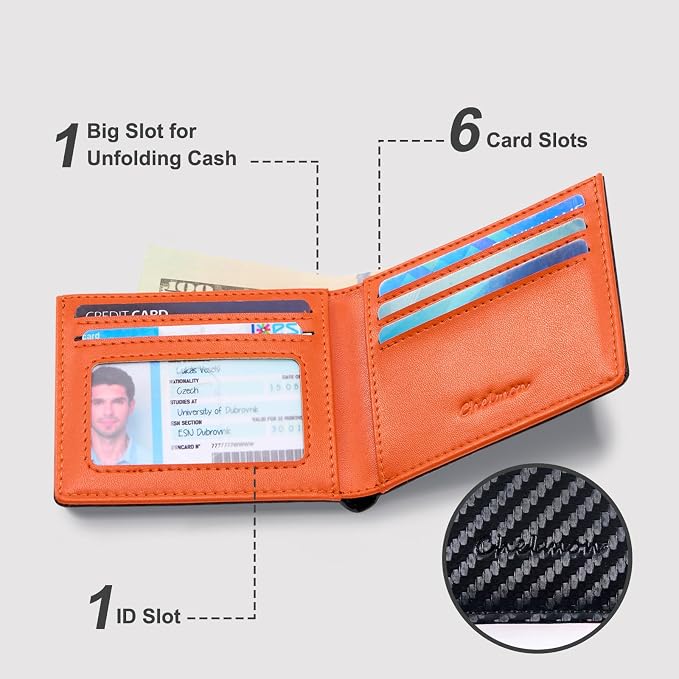 Chelmon Slim Wallet for Men ID Window with RFID Blocking Front Pocket Minimalist Bifold Bussiness Card Holder Gift for Men, Carbon Black & Orange - Image 2