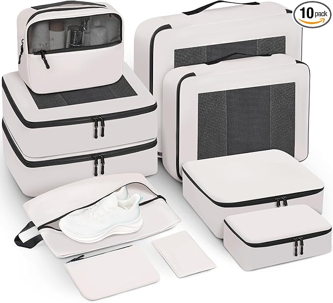 Mesh Packing Cubes for Travel, Durable Luggage Organizer with Sturdy Material and Double Zippers, Comprehensive Set for Travel Accessories Storage, 10 set, cream by PREZON