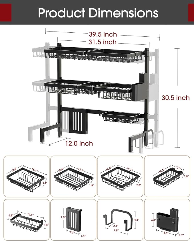 Sakugi Over The Sink Dish Drying Rack - Adjustable 3 Tier XX-Large Capacity Stainless Steel Drainer with Cutlery & Utensil Holders, Kitchen Storage & Organization, 31.5"-39.5"L x 12"W x 30.5"H, Black - Image 6
