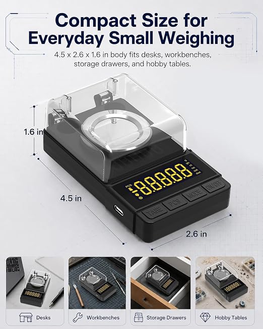 Digital Milligram Scale 50g/0.001g, Compact Mg Scale, 2 x 20g Weights | Black Powder Scale for Reloading, 6 Units, Tare, Counting, USB/Battery Powered, for Jewelry, Gold, and other micro items - Image 3