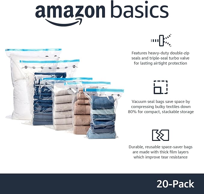 Amazon Basics Vacuum Storage Bags with Hand Pump for Travel, Space Saving Compression Bags for Clothes, Clothing, Blankets and Duvets, Clear, 20 Pack (5 Small, 5 Medium, 5 Large & 5 Jumbo) - Image 2