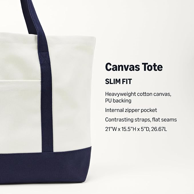 Amazon Essentials Unisex Adults' Large Heavy Duty Canvas Beach Tote Bag, Natural/Navy, One Size - Image 2