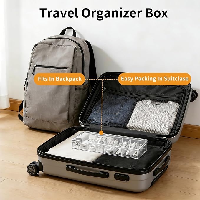 2 Pack Cable Organizer Box with Lid - Stackable Charger Cord Storage Organizer with 20 Wire Ties - Adjustable Compartments Phone Cables Wire Management Box for Drawer Desk Office Home Accessories - Image 5