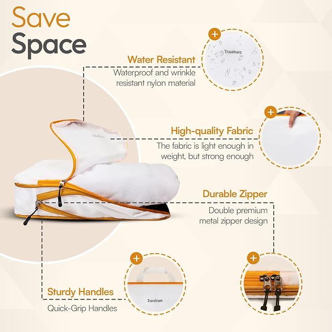 6 Set Large Compression Packing Cubes for travel. | Durable, Expandable and Lightweight Packing Cubes for Travel Compression with Laundry bag, White - Image 3