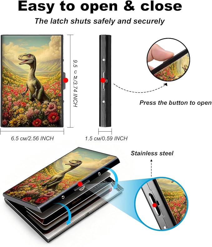 Metal Wallet,Credit Card Holder for Women,Slim RFID Blocking Credit Card Holder Thin Aluminum Wallet ID Case,6 Slot Business Mini Hard Metal Case for Women/Men,Cute Dinosaur Floral - Image 5