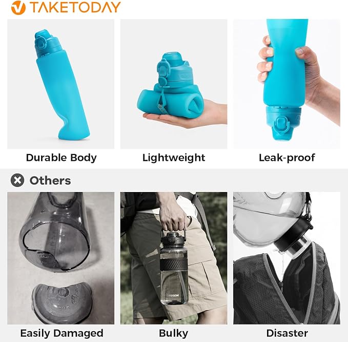 TakeToday Collapsible Water Bottles, Foldable for Travel, 32oz, Blue | Compact Foldable Travel Bottle with Straw, TSA-Approved Leakproof Silicone, BPA-Free for Hiking & Outdoors - Image 2