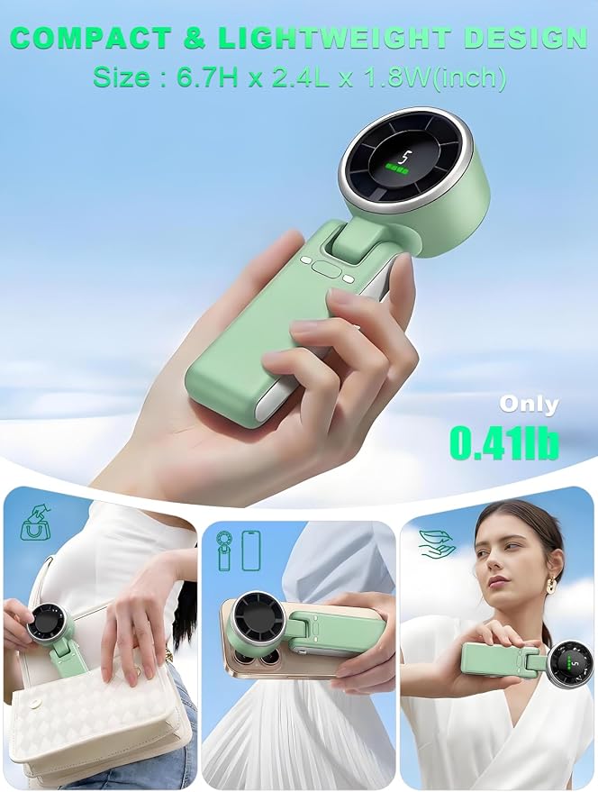 Portable Handheld Turbo Fan, 5 Gear Wind, Battery Operated, Up to 13 Working Hours Rechargeable Fan, 3 IN 1 Hand Fans with Air Turbo Tech Cooling Fan for for Travel, Beach, Outdoor - Green - Image 7