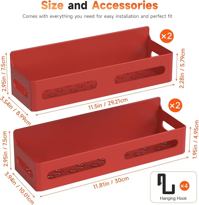 4-Pack Magnetic Spice Rack for Refrigerator with Hooks, Red | Strong multipurpose magnetic shelf for kitchen & bathroom organization. Includes 4 removable hooks for hanging items. - Image 7