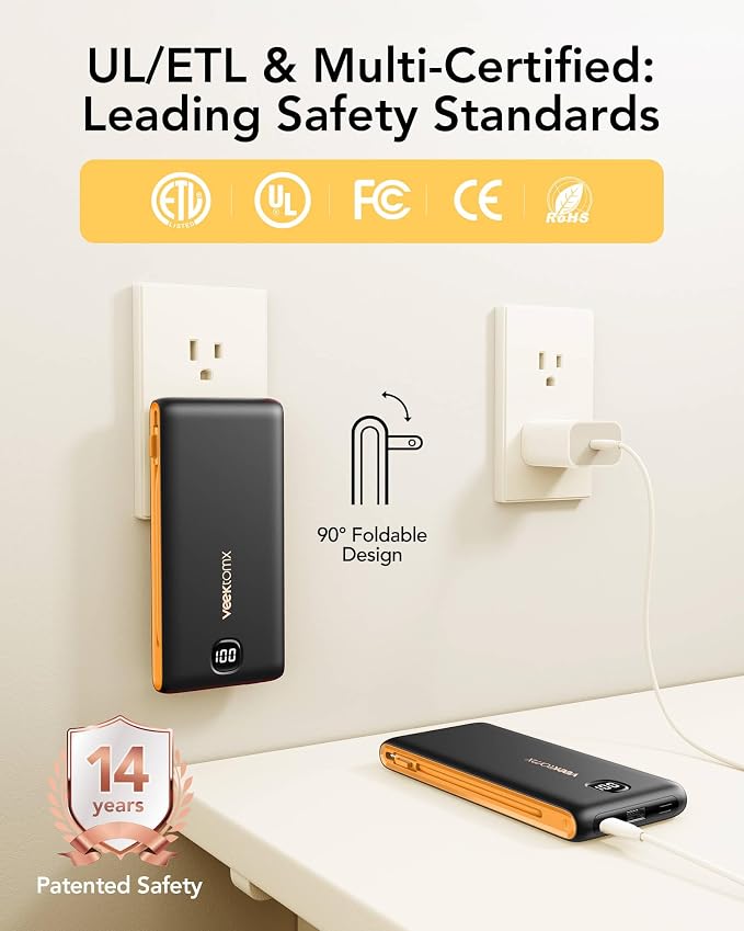 VEEKTOMX Portable Charger with Built-in Cables and AC Wall Plug, 10000mAh | Pocket-Size Travel Power Bank with USB-C and Micro-USB Cables for up to 4 Devices Include iPhone, iPad, Samsung, Black Yellow - Image 5