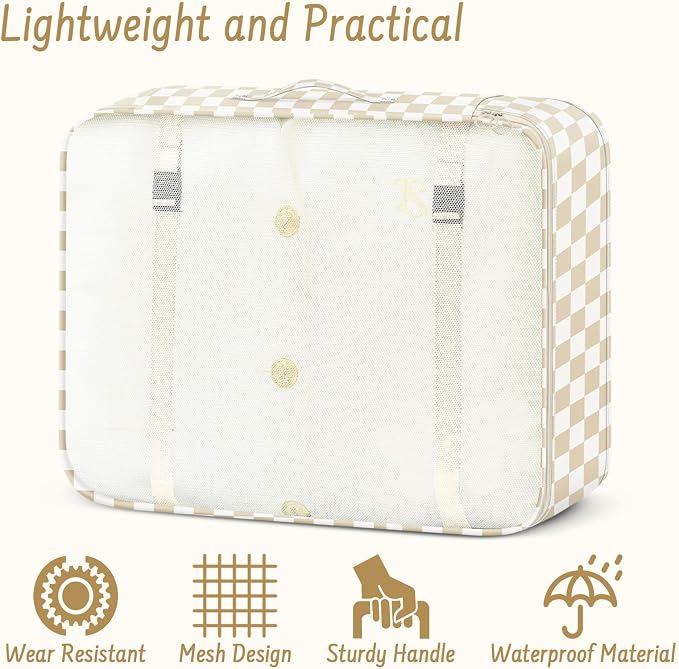 9 Set Packing Cubes for Travel Essentials - Lightweight Carry-On Luggage Organizer Bags with Shoe, Clothes & Laundry Bags for Airplane, Family & Business Travel, Beige checkered - Image 4