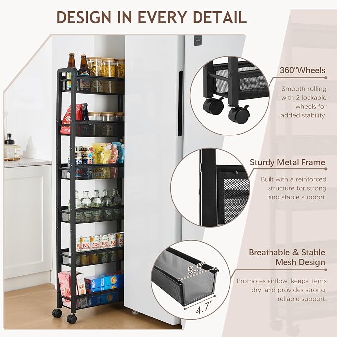 6 Tier Slim Rolling Storage Cart, Narrow Kitchen Storage Cart, Spice Rack Organizer with Wheels, Space Saving Shelf for Living Room, Laundry Room, Bathroom, Narrow Spaces - Image 4