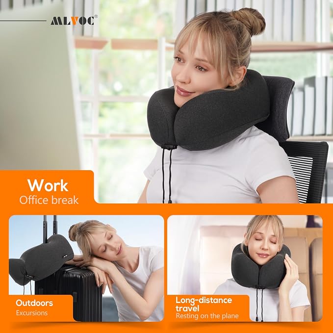 MLVOC Airplane Travel Neck Pillow for Sleeping, 3D-Eye Mask & Earplugs Kit | 3-in-1 Travel Kit, Eye Mask + Earplugs, Curved Neck & Chin Support, Rope Lock Fit, Memory Foam Keeps It’s Shape - Image 6