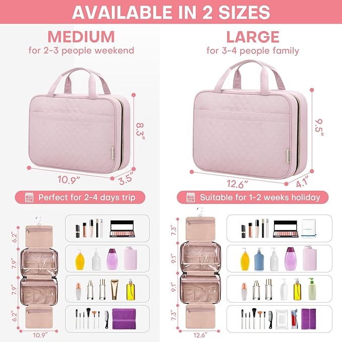 HXLGMD Travel Size Toiletry Bag for Women, Portable Cosmetic Bag with Hanging Hook, Travel Essentials Water-resistant Makeup Organizer for Accessories, Shampoo, Full-size Container, Toiletries - Image 2