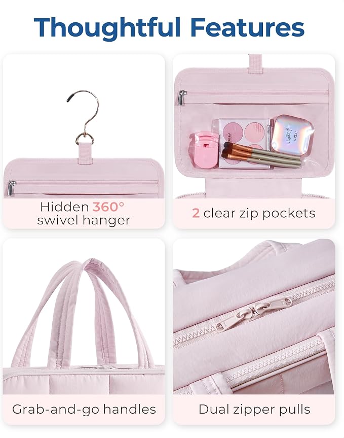 BAGSMART Travel Toiletry Bag with Jewelry Organizer, Hanging Travel Bag for Toiletries, Puffy Makeup Cosmetic Bag Organizer, Carry-on Travel Accessories Essentials, Pink-M - Image 5