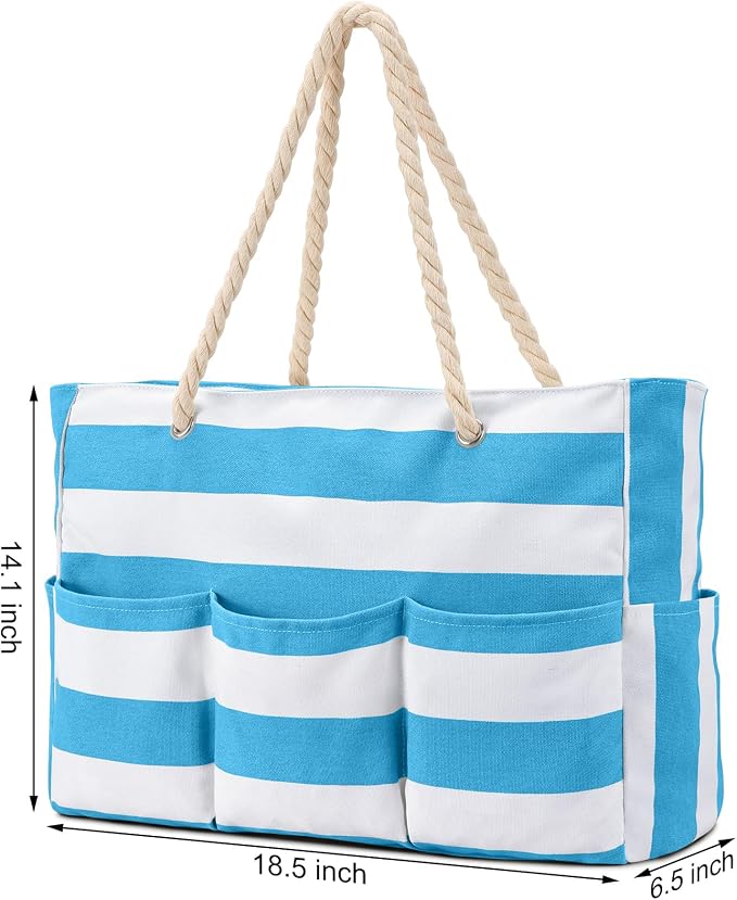 Becokan Beach Bags for Women Canvas Large Beach Tote Bag Zipper Waterproof Sandproof Foldable Swim Pool Bag with 7 Pockets - Image 6