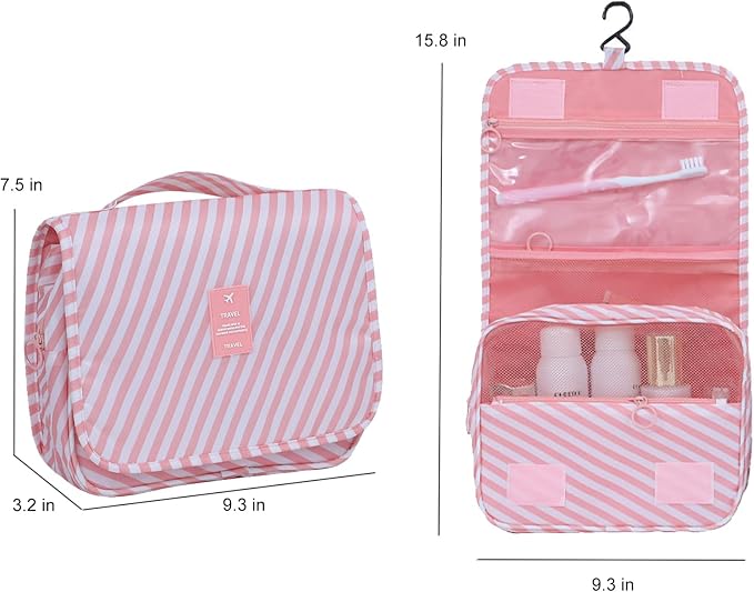 Travel Toiletry Bag for Women, Hanging Toiletry Bag with Multi-Pockets, Toiletry Bag for Traveling Easy Clean, Travel Organizer Bag Pink-strip - Image 4