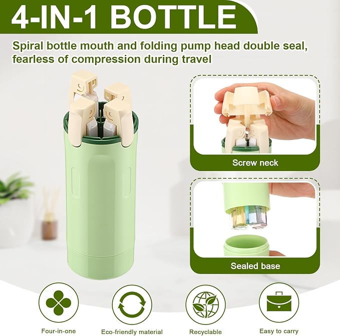 4 in 1 Travel Dispenser with 4 Pack 30ml Travel Bottles and Label Refillable & Leak Proof Portable Toiletry Containers with Locks for Shampoo Lotion Conditioner Cream(Green) - Image 4