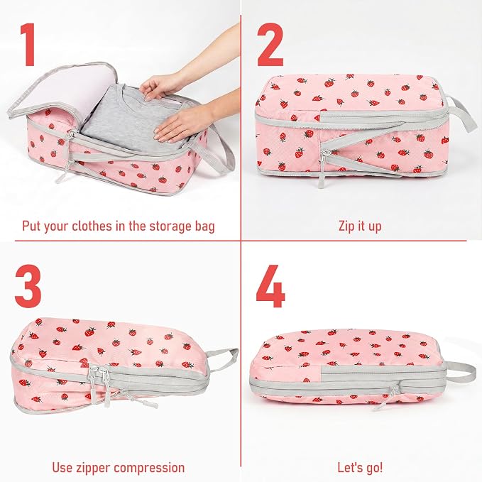 6 Set Compression Packing Cubes, Suitcase Organizer, Lightweight Travel Essentials, Compression Bags For Travel Accessories Luggage Storage Set (6Pcs, Pink Strawberries) - Image 3