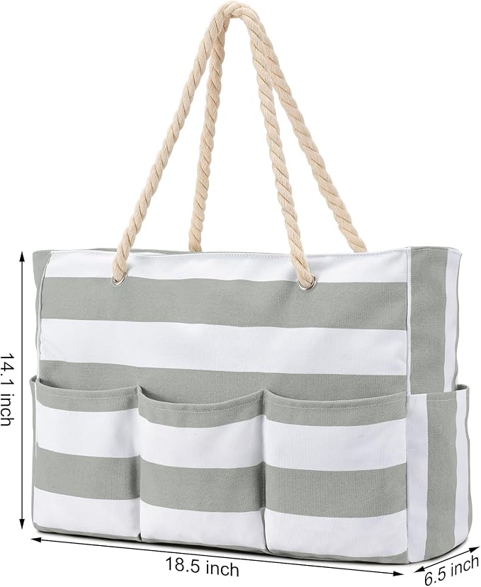 Becokan Beach Bags for Women Canvas Large Beach Tote Bag Zipper Waterproof Sandproof Foldable Swim Pool Bag with 7 Pockets - Image 6