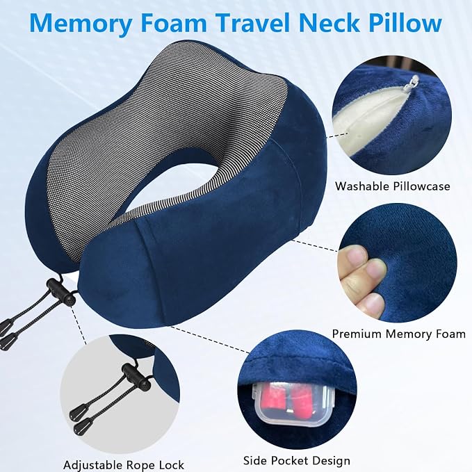 Airplane Pillow, Travel Neck Pillow with Memory Foam - Adjustable Buckle & Machine Washable Cover for Neck Support, Includes Eye Mask & Ear Plugs(Blue) - Image 6