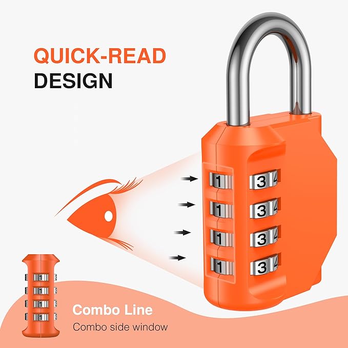Puroma 2 Pack Combination Lock Locker 4 Digits Combo Padlock Gym Orange | For School Gate Fence Toolbox Hasp Storage, Outdoor, Resettable, Weatherproof, Side Window, Crack Cut Resist, Hardened Steel - Image 3