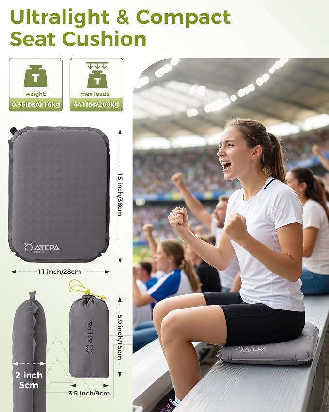 ATEPA Inflatable Seat Cushion | 2" & 2.5" Foam Core Seat Pad, Self Inflating, Compact, Stadium, Airplane, Travel, Camping, Hiking, Sports events - Image 2