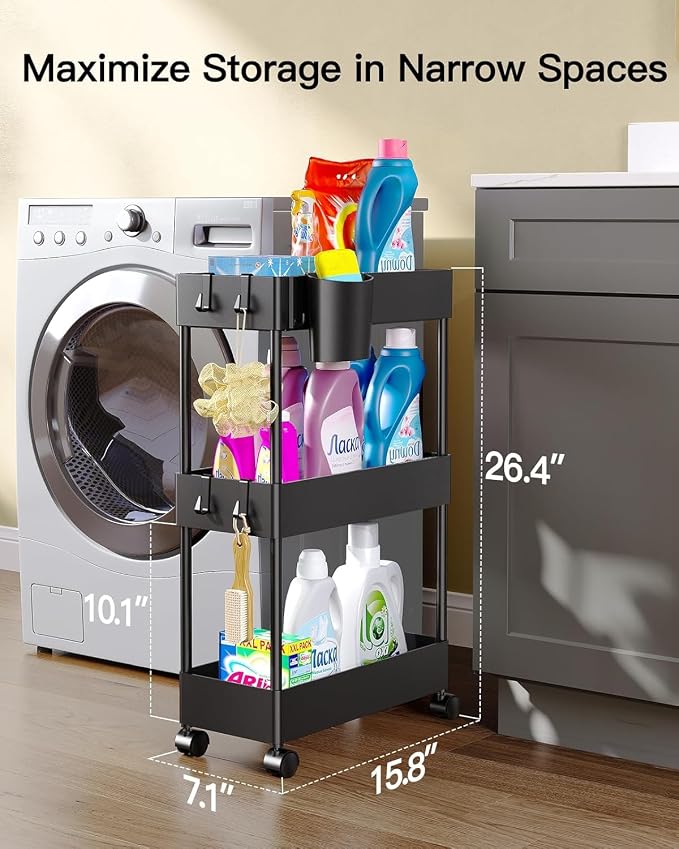 Pipishell 3 Tier Bathroom Storage Cart, Slim Storage Cart with Wheels,Black | 7.1 inch Wide - Fits Narrow Spaces, 1 Storage Cup and 6 Hooks, Ventilation Holes, Durable ABS Material, Detachable Wheels - Image 2