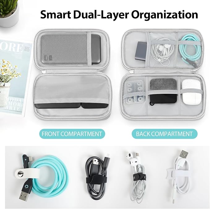 Double Layer Cable Organizer Bag for 3ft+ Cords Light Gray | Water-resistant Oxford pouch with padded lining and 8 compartments. Keeps chargers and power banks compact and organized. - Image 3