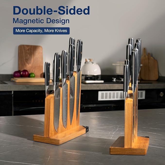 Magnetic Knife Block with Sharpener, Double Sided, Light Acacia | Multi-Row Magnet, Hold 12 Knives as Damascus & Heavy Cleaver, No Slip, Countertop Kitchen Organizer, No Installation, Gift - Image 3