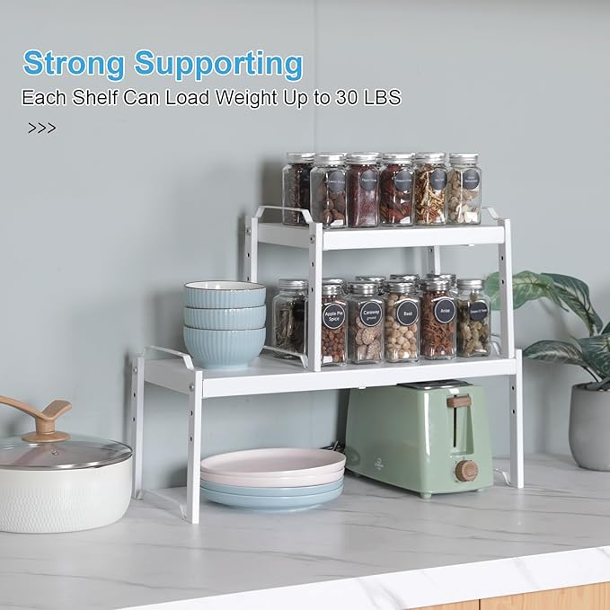 2 Pack Stackable Expandable Shelves For Kitchen Cabinet Countertop Storage, Adjustable Counter Cupboard Pantry Organizer Shelf Rack Stand, Length:25.5 Inch - Image 6