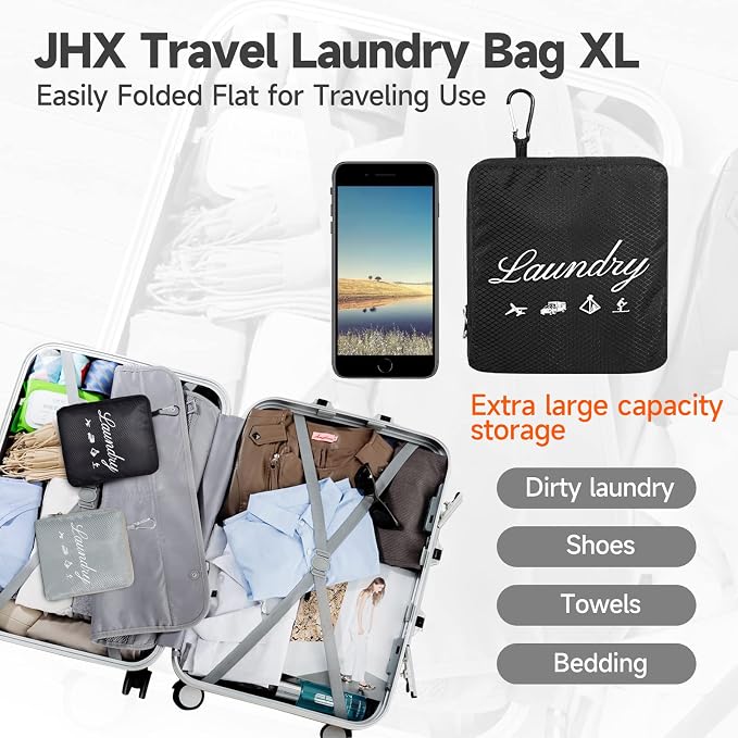 JHX Travel Laundry Bag XL, Extra large Dirty Clothes Organizer【Upgraded】with Handles and Aluminum Carabiner for Travel, Camp, Fitness, and Students (Thickened - Black) 32"H x 23"W - Image 3