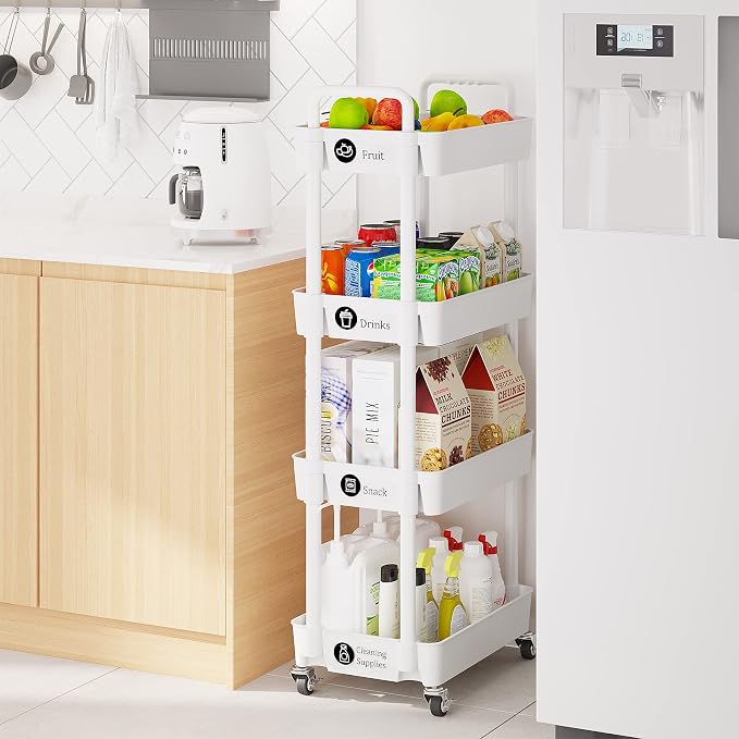 Laiensia 4-Tier Storage Carts,Multifunction Utility Rolling Cart Kitchen Storage Organizer,Mobile Shelving Unit Cart with Lockable Wheels for Bathroom,Laundry,Living Room,With Classified Sticker,White - Image 4