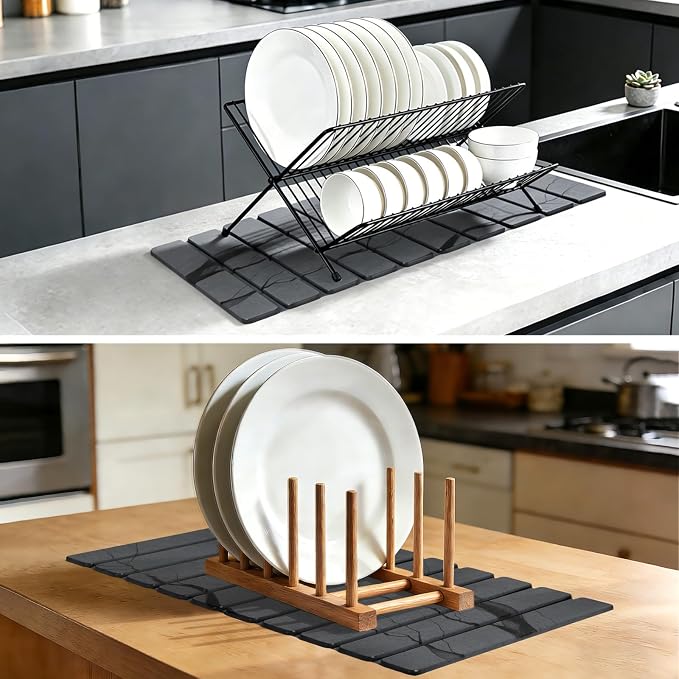 Large Stone Dish Drying Mat for Kitchen Counter, Thin & Light Quick Dry Stone Dishes Mats, Foldable Water Absorbing Diatomite Drying Pad for Kitchen Bathroom Sink Countertop (Gray Ink 24"×16" & 8"x4") - Image 7