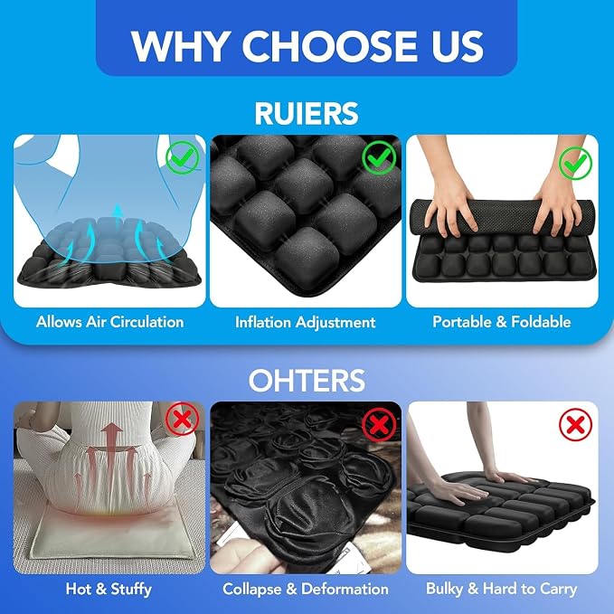 34 Air Cell Self-Inflating Seat Cushion, 3D Air Bubble Design for Tailbone Pain & Hemorrhoid Relief, Pressure Relief Cushion for Office Chair, Car, Wheelchair, Airplane Travel, Home (No Pump Needed) - Image 6