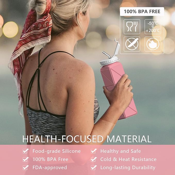 BEAUTAIL Collapsible Water Bottles with Straw 21 oz, Travel Water Bottle | BPA Free, Leakproof & Reusable, Silicone Foldable Water Bottle for Traveling, Hiking, School, Sports, Outdoor, 1-Pack, Pink - Image 3