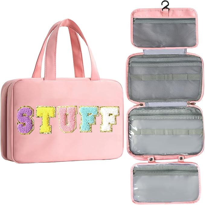 Toiletry Bag for Women Chenille Letter Makeup Bag Water-resistant Cosmetic Bag Travel Bag with Hanging Hook Preppy for Store Toiletries Cosmetic Accessories Medium Light Pink by Unknown