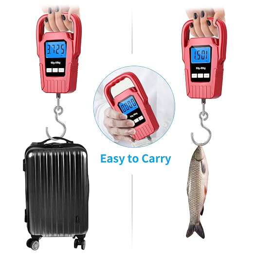 Digital Fish Scale Hanging Scale Fishing Scale,110lb/50kg Luggage Scale,Upgrade Large Handle & Backlit LCD Display, Electronic Balance Digital Fishing Postal Scale, Red, Fishing Gifts for Men - Image 6