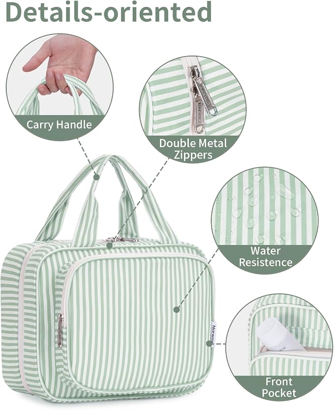 Narwey Striped Hanging Toiletry Bag for Women Travel Makeup Bag Organizer Toiletries Bag for Travel Size Essentials Accessories Cosmetics (Mint Green Stripe (Medium)) - Image 5