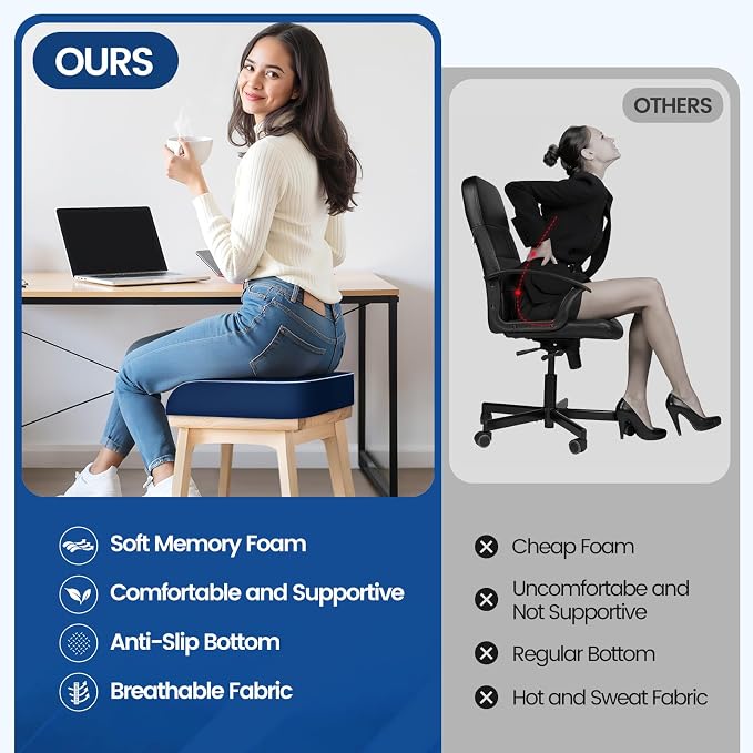 SweetSlubr Seat Cushion, Chair Pad, Memory Foam Tailbone Pain Relief | Office Chair Cushion for Tailbone Pain Relief, Non-Slip Cover, Soft Support for Office Chair, Car Seat,X-Large/Dark Blue - Image 5