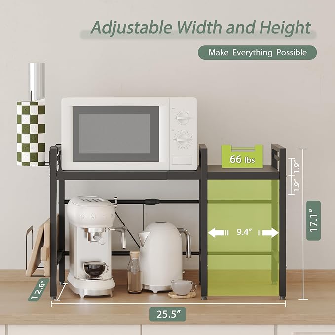 2 Tier Expandable Microwave Stand countertop,Microwave Oven Rack | microwave shelf with Paper Towel and Chopping Board Holder, storage shelf for pans &appliances,8 Hooks,55lbs max load,Black - Image 3