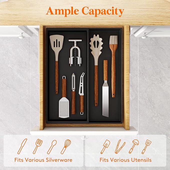 Lifewit Utensil Organizer for Kitchen Drawer, Expandable Cooking Tray | Adjustable Cutlery Flatware Holder, Plastic Silverware Spatula Tools Storage Divider, 7.5-12.9 x 16.1", Black - Image 2