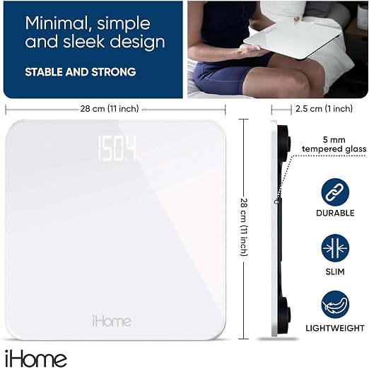 iHome Digital Scale, Bathroom Scale, Batteries Included, Scale Body Weight, Weight Scale, Digital Scale, Bathroom Scales for Weight, Digital Scales for Body Weight (White) - Image 3