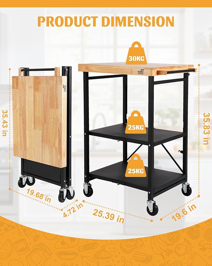 Mythinglogic Foldable Kitchen Storage Cart, 3-Tier Rolling Cart with Solid Oak Top, Heavy-Duty Metal Utility Rack for Microwave, Pots, Dish Set, Meal Prep Area, Kitchen Island on Lockable Wheels - Image 3