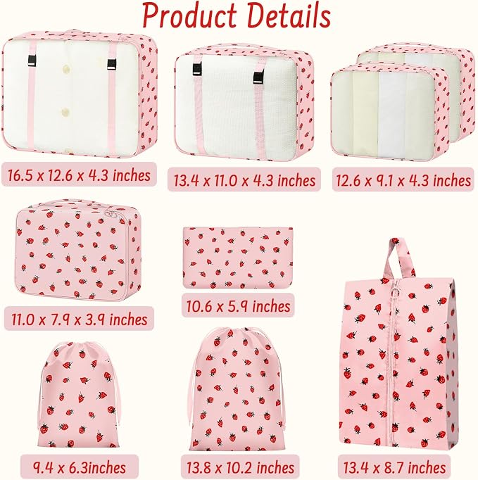 9 Set Packing Cubes for Travel Essentials - Lightweight Carry-On Luggage Organizer Bags with Shoe, Clothes & Laundry Bags for Airplane, Family & Business Travel, Pink strawberry - Image 2